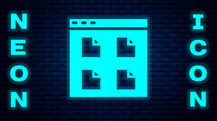 Glowing neon Browser files icon isolated on brick wall background. Vector.