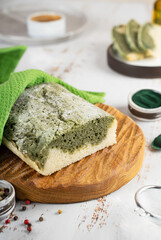 Homemade Spirulina bread, made from gluten-free rice and flax flour. superfoods. Concept wellness and healthy vegeterian food