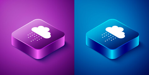 Isometric Cloud with rain icon isolated on blue and purple background. Rain cloud precipitation with rain drops. Square button. Vector.