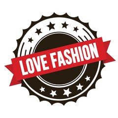 LOVE FASHION text on red brown ribbon stamp.