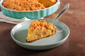 Pear crumble cake, served