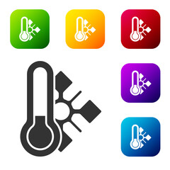 Black Meteorology thermometer measuring icon isolated on white background. Thermometer equipment showing hot or cold weather. Set icons in color square buttons. Vector.