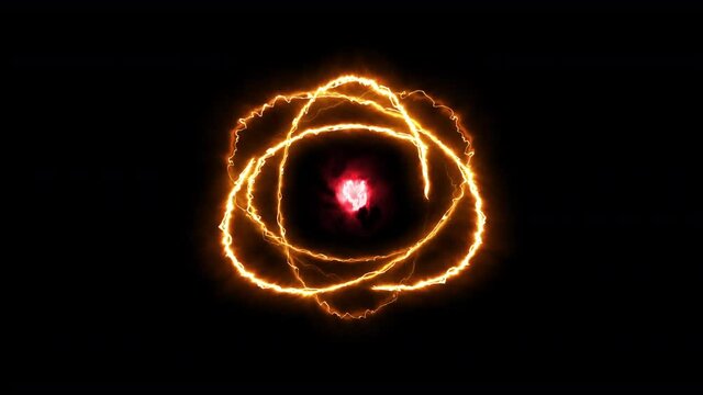 Colorful blazing ring fire fiery atom sphere circle magic shiny rotation loop around the core on a black background