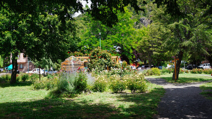 "paseo del rosedal" located in Centenario park, San Martin de los Andes, Neuquen, Argentina. Large pasrk filled with rose bushes