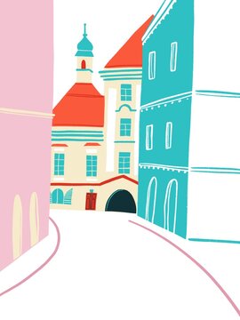 Landscape poster illustration. Abstract bildings and people. Travel illustration postcard. Sketch architecture.