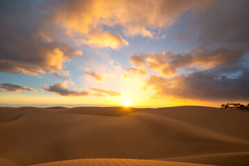 Obraz na płótnie Canvas Sunset in the desert, sun and sun rays, dramatic colorful clouds in the sky. Golden sand dunes in the desert in Maspalomas, Gran Canaria, Canary Islands, Spain.