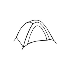 Vector illustration of camping tent in doodle style. Tourist icon for summer camp flyers, prints, stickers, web, posters, stationery, travel blog design, tourism postcard. Hiking and picnic equipment