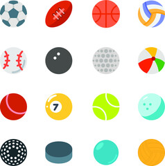 Types of sports ball set icon collection with football, rugby, basketball, volleyball, baseball, snooker, hockey, cricket, tennis, ping pong, golf, marble, beachball, water polo, 
