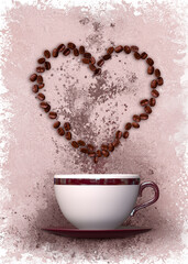 Roasted dark coffee beans stacked in the shape of a heart, white cup , pastel brown background, 3D rendering, top view