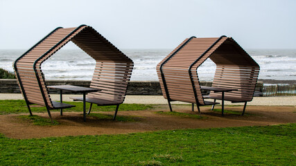 Vendée, France; January 29, 2021: street furniture, picnic dining table from the seaside resort of Saint Hillaire de Riez.