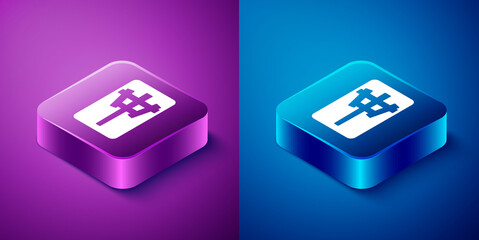 Isometric Mahjong pieces icon isolated on blue and purple background. Chinese mahjong red dragon game emoji. Square button. Vector.