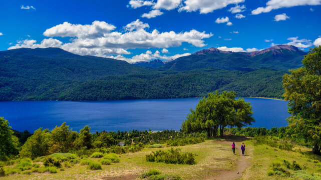 Landscape of lake Lacar, San martin de los Andes, Neuquen, Argentina. Taken on a warm summer afternoon under a ble sky with a few white clouds 