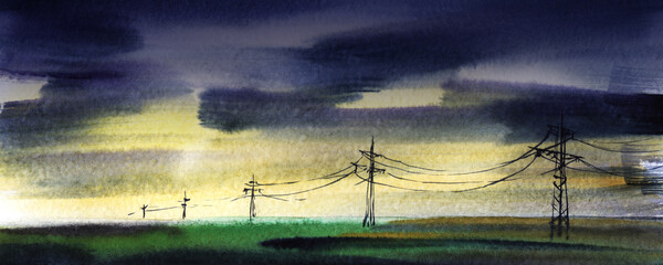 Obraz na płótnie Canvas Watercolor evening landscape of beautiful soft yellow sky with tremendous heavy dark clouds above green fields and road with row of power lines. Hand drawn brush stroke summer illustration