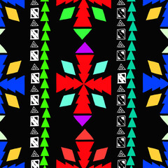 tribal colorful triangle navajo abstract geometric ornament with ethnic retro traditional pattern on black.