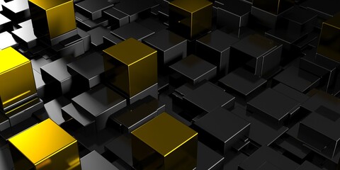 Dark silver and orange golden cubes. Abstract metallic background