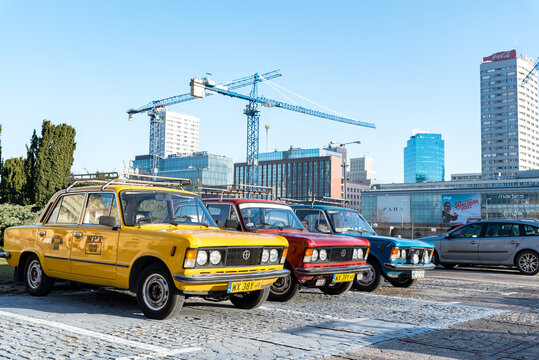 Warsaw, Poland - February 08, 2020: Fiat 125p i126p classic car exhibition. Cars from the PRL era. Big Fiat as a taxi. Old cars on display in front of the Palace of Culture and Science.