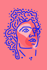 Abstract line surreal face. Modern art creative concept image with ancient statue head. Crazy contemporary drawing in modern cubism style. Pop art poster. Zine culture. Funky minimalist. Retro design.