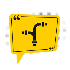 Black Industry metallic pipe icon isolated on white background. Plumbing pipeline parts of different shapes. Yellow speech bubble symbol. Vector.