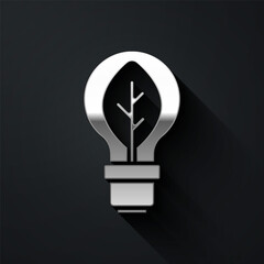Silver Light bulb with leaf icon isolated on black background. Eco energy concept. Alternative energy concept. Long shadow style. Vector.
