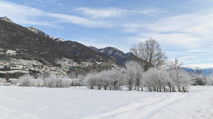 Fototapeta na wymiar Paesaggio invernale, con la neve, in campagna, con alberi gelati