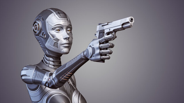 3d render of detailed robot woman or cyber girl threatening with a gun. Upper body isolated on color background