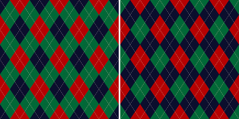 Argyle pattern designs in red, green, blue. Traditional geometric stitched dark colorful Christmas vector for gift wrapping, socks, sweater, jumper, or other modern winter fashion textile print.