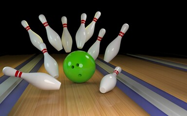 bowling strike. Skittles and bowling ball on the track