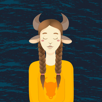 Girl In Bull Costume With Ox Horns And Pigtail Hairstyle. A Happy Faun Girl. Vector Portrait About Mythological And Fantasy Art, Chinese New Year 2021