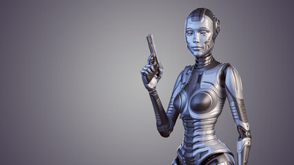 3d render of detailed robot woman or cyber girl threatening with a gun. Upper body isolated on color background with copy space for text