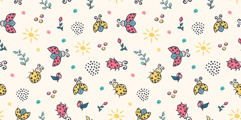 Cute ladybug seamless pattern. Ladybird cartoon character childrens illustration. Lady-beetle floral summer vector pattern with insects, sun, plants for kids, baby, textile, fabric, packaging