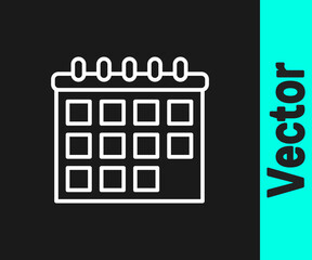White line Calendar icon isolated on black background. Event reminder symbol. Vector.