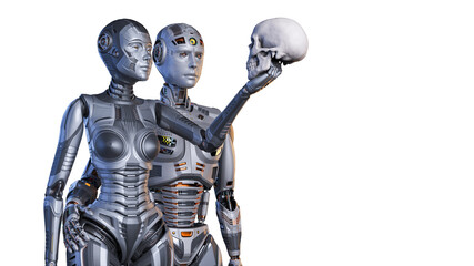 3d render of two detailed robots man and woman holding a human's skull while looking at it. Upper bodies isolated on white background with copy space for text