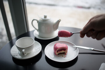 pink heart cut mousse cake