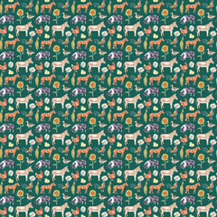 Watercolor seamless pattern with farm animals, colorful and bright surface pattern design. Great for paper, textile, fabric, packaging or scrapbook design. Digital paper. Cute farm animals for kids