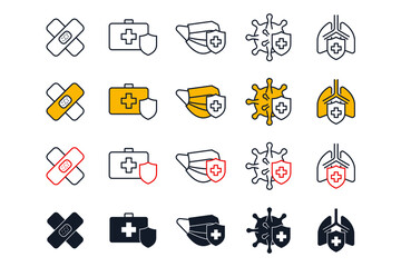 Health insurance coverage set icon. hospital and medical symbol pack vector illustration