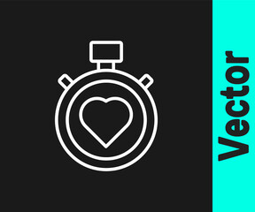 White line Heart in the center stopwatch icon isolated on black background. Valentines day. Vector.