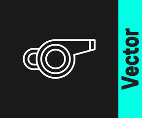 White line Whistle icon isolated on black background. Referee symbol. Fitness and sport sign. Vector.
