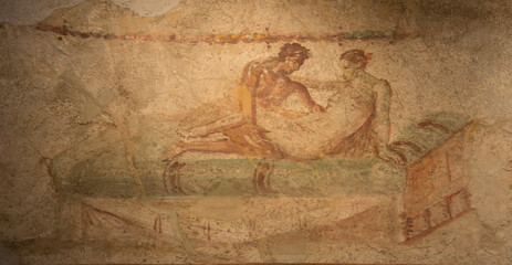 Erotic frescoes on the walls lupanariya Pompei - obrazy, fototapety, plakaty