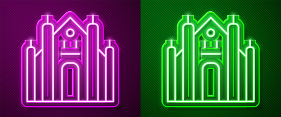 Glowing neon line Milan Cathedral or Duomo di Milano icon isolated on purple and green background. Famous landmark of Milan, Italy. Vector.