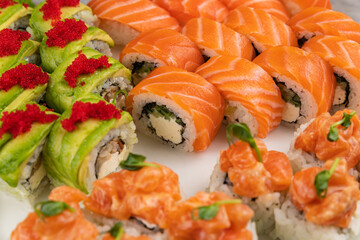 Sushi set. Japanese sushi set. Various types of roles. Top view.