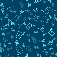 Green line Advertising icon isolated seamless pattern on blue background. Concept of marketing and promotion process. Responsive ads. Social media advertising. Vector.