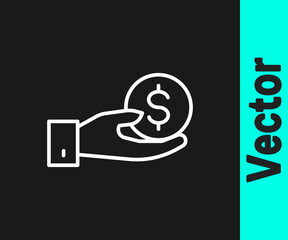 White line Human hand giving money icon isolated on black background. Receiving money icon. Vector.