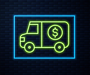 Glowing neon line Armored truck icon isolated on brick wall background. Vector.
