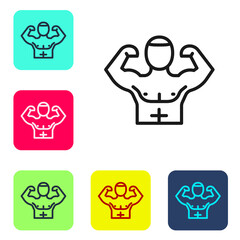 Black line Bodybuilder showing his muscles icon isolated on white background. Fit fitness strength health hobby concept. Set icons in color square buttons. Vector.