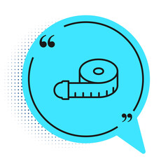 Black line Tape measure icon isolated on white background. Measuring tape. Blue speech bubble symbol. Vector.