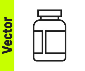 Black line Sports nutrition bodybuilding proteine power drink and food icon isolated on white background. Vector.