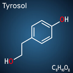 Tyrosol, phenylethanoid, antioxidant molecule. It is an anti-arrhythmia, a cardiovascular drug, a protective agent. Structural chemical formula on the dark blue background