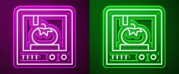 Glowing neon line 3D printing technology icon isolated on purple and green background. Vector.