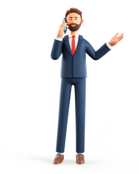 3D illustration of standing happy man talking on the smartphone and gesturing hand. Cute cartoon smiling bearded businessman on the phone call, isolated on white.