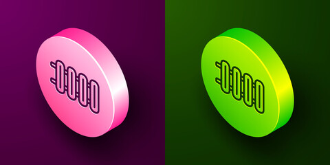 Isometric line Heating radiator icon isolated on purple and green background. Circle button. Vector.